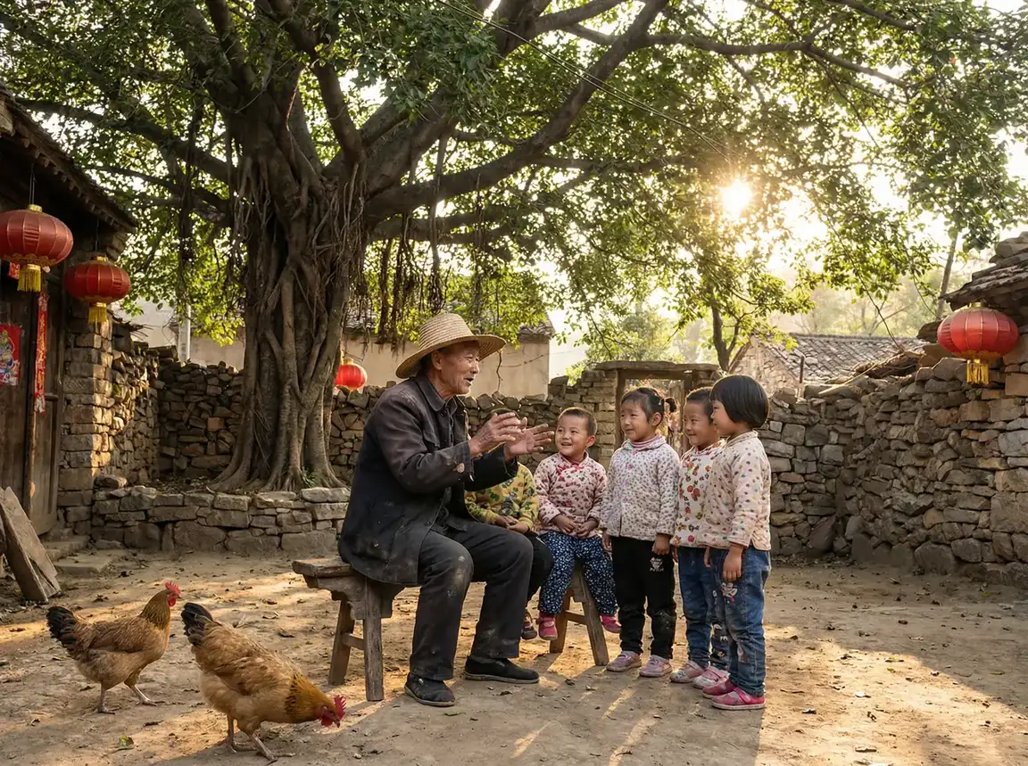 老人在大榕树下给孩子们讲故事 - 枕边陷阱 乡村记忆